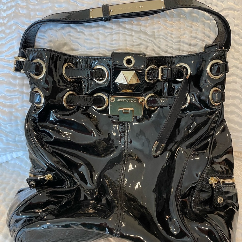 JIMMY CHOO authentic shiny black patent shoulder bag - clean! Fabulous bag!